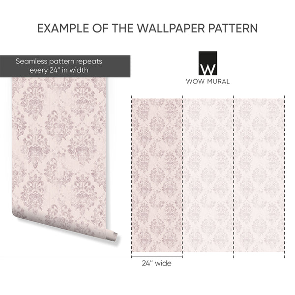 Blush pink damask wallpaper with distressed, painterly detail, perfect for an elegant living room. Traditional unpasted wallpaper, eco-friendly, ideal for decorators.