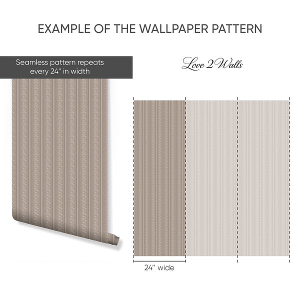 Taupe Beige Floral Stripe Wallpaper L127