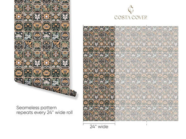 Floral Tiles Vintage Wallpaper CC315 - CostaCover-Peel and stick Removable Wallpaper-abstract floral-abstract wall art-abstract wallpaper
