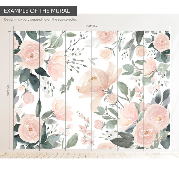 Pink Watercolor Roses Wall Mural WM012 - CostaCover - Peel and stick Removable Wallpaper - adhesive wallpaper - baby bedroom - bedroom wallpaper