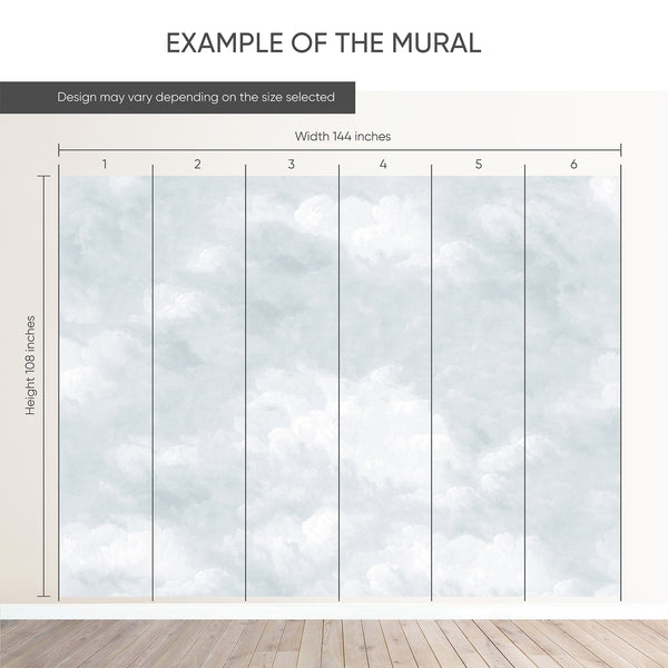Example of a 144-inch-wide by 108-inch-high mural split into 6 panels, showing how the design is divided across  panels; the printed design varies with the size selected.