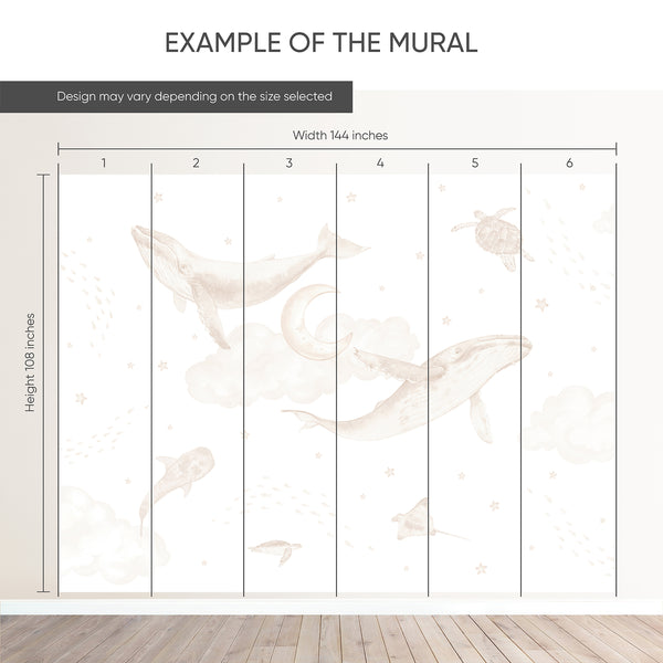 Example of a 144-inch-wide by 108-inch-high mural split into 6 panels, showing how the design is divided across  panels; the printed design varies with the size selected.