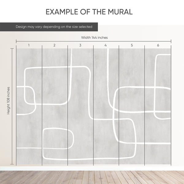 Example of a 144-inch-wide by 108-inch-high mural split into 6 panels, showing how the design is divided across  panels; the printed design varies with the size selected.