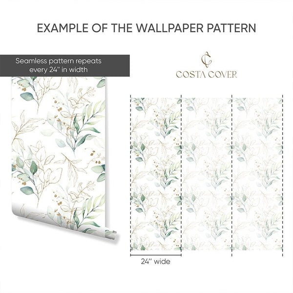 Green Eucalyptus Leaves Wallpaper CC228 - CostaCover - Peel and stick Removable Wallpaper - accent wallpaper - adhesive wallpaper - bathroom wallpaper
