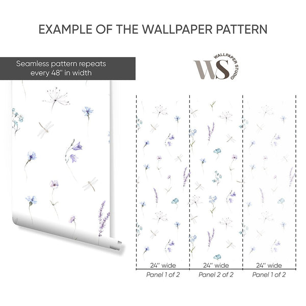 Blue Purple Wildflowers Wallpaper S081 - CostaCover - Peel and stick Removable Wallpaper - accent wallpaper - adhesive wallpaper - Aqua blue wallpaper