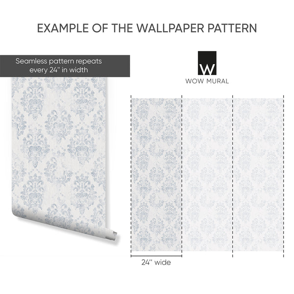 Medium-scale blue-gray damask pattern, adding a touch of vintage charm to a living room. Self-adhesive, easy to apply, made from eco-friendly materials.