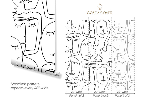 Black & White Abstract Female Face Wallpaper CC309 - CostaCover - Peel and stick Removable Wallpaper - Abstract - abstract lines - abstract mural