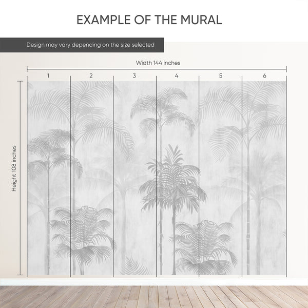 Example of a 144-inch-wide by 108-inch-high mural split into 6 panels, showing how the design is divided across  panels; the printed design varies with the size selected.