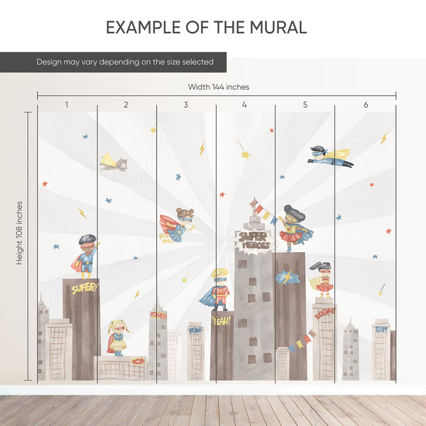 Example of a 144-inch-wide by 108-inch-high mural split into 6 panels, showing how the design is divided across  panels; the printed design varies with the size selected.