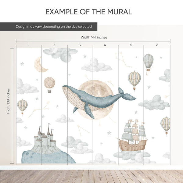Whale Moon Sky Cloud Wall Mural SM006 - CostaCover - Peel and stick Removable Wallpaper - accent wallpaper - adhesive wallpaper - animal print
