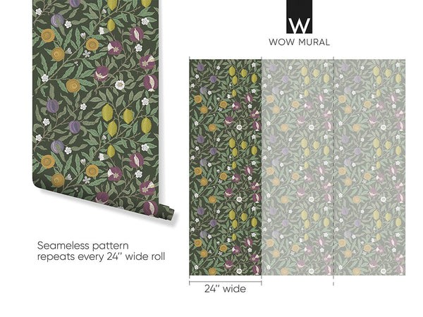 Green & White Fruit or Pomegranate by Morris Wallpaper W115 - CostaCover - Peel and stick Removable Wallpaper - abstract floral - abstract wall art - abstract wallpaper
