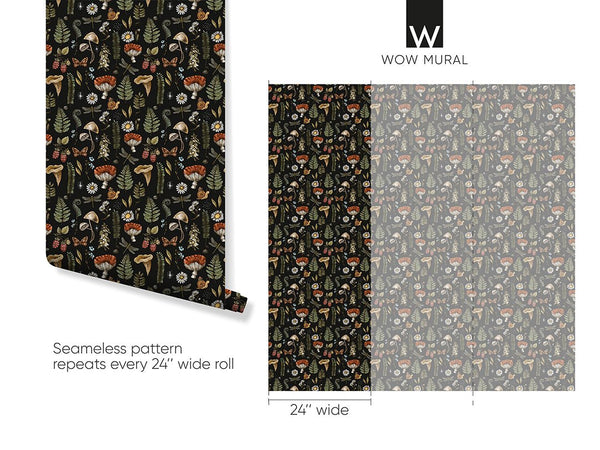 Dark Mushroom & Plants Wallpaper W146 - CostaCover - Peel and stick Removable Wallpaper - abstract floral - abstract wall art - abstract wallpaper