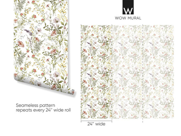 Red Yellow Wildflowers Wallpaper W065 - CostaCover - Peel and stick Removable Wallpaper - abstract wallpaper - accent wallpaper - adhesive wallpaper