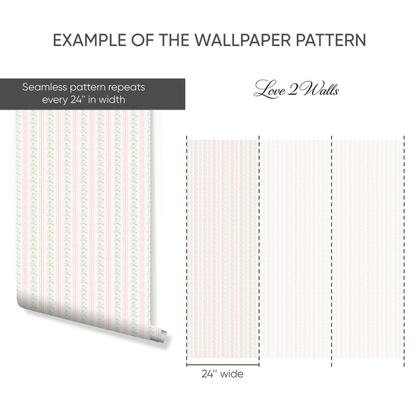 Pink Green Floral Stripe Wallpaper L131
