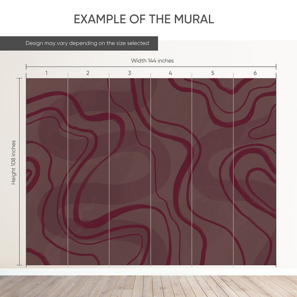 Example of a 144-inch-wide by 108-inch-high mural split into 6 panels, showing how the design is divided across  panels; the printed design varies with the size selected.