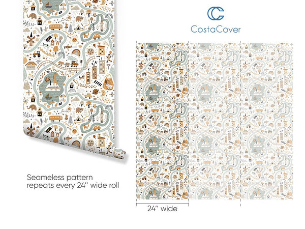 Cartoon World Map Wallpaper CC294 - CostaCover - Peel and stick Removable Wallpaper - adhesive wallpaper - animal print - Animal print wallpaper