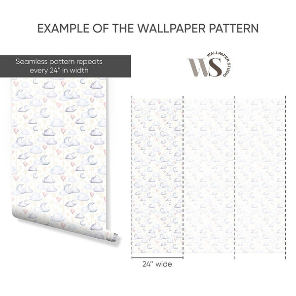 Clouds Moon & Hearts Wallpaper S125 - CostaCover-Peel and stick Removable Wallpaper-accent wallpaper-adhesive wallpaper-baby bedroom
