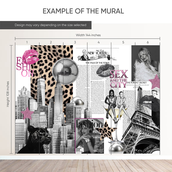 Example of a 144-inch-wide by 108-inch-high mural split into 6 panels, showing how the design is divided across  panels; the printed design varies with the size selected.