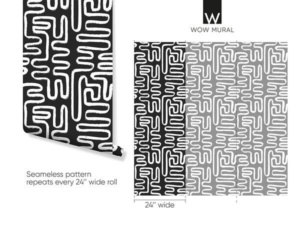 Black & White Boho Line Wallpaper W170 - CostaCover - Peel and stick Removable Wallpaper - Abstract - Abstract Labyrinth Lines - abstract lines