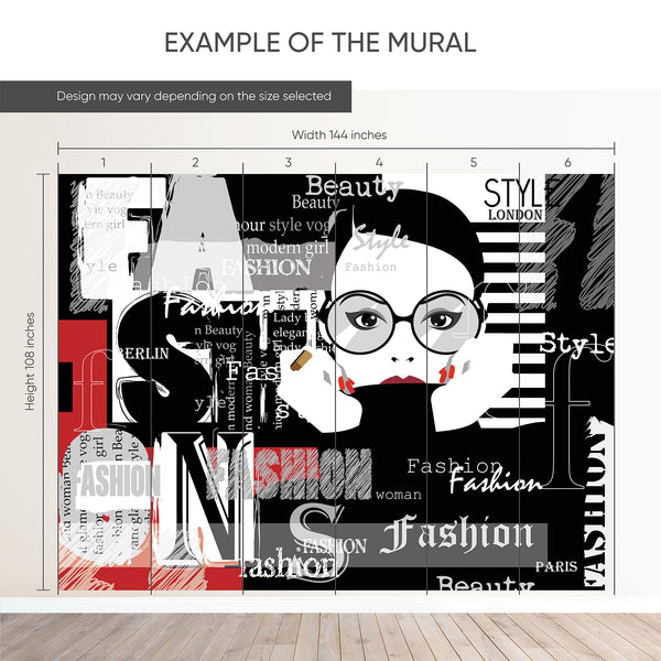 Example of a 144-inch-wide by 108-inch-high mural split into 6 panels, showing how the design is divided across  panels; the printed design varies with the size selected.