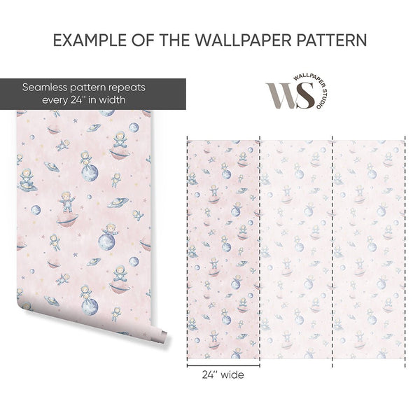Pastel Pink Astronauts & Planets Wallpaper S132 - CostaCover-Peel and stick Removable Wallpaper-accent wallpaper-adhesive wallpaper-baby bedroom