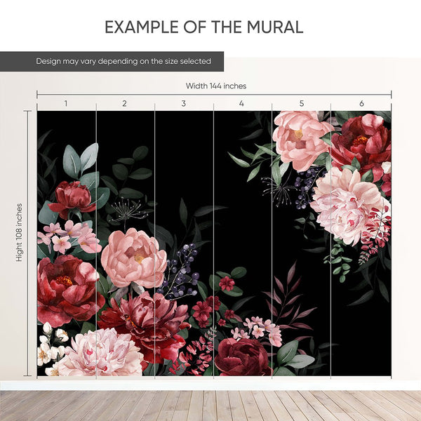 Dark Pink Red Flowers Bouquet Wall Mural SM030 - CostaCover - Peel and stick Removable Wallpaper - abstract floral - accent wallpaper - adhesive wallpaper