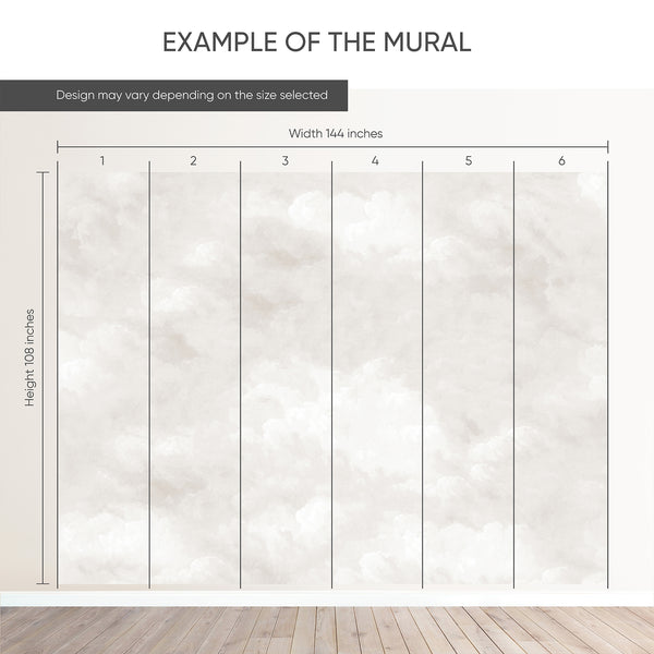 Example of a 144-inch-wide by 108-inch-high mural split into 6 panels, showing how the design is divided across  panels; the printed design varies with the size selected.