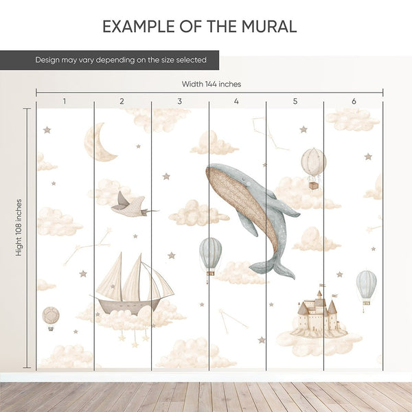 Whale Balloon Sky Cloud Wall Mural SM007 - CostaCover - Peel and stick Removable Wallpaper - accent wallpaper - adhesive wallpaper - air balloon