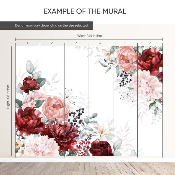 Pink Burgundy Flowers Bouquet Wall Mural SM028 - CostaCover - Peel and stick Removable Wallpaper - accent wallpaper - adhesive wallpaper - bathroom wallpaper