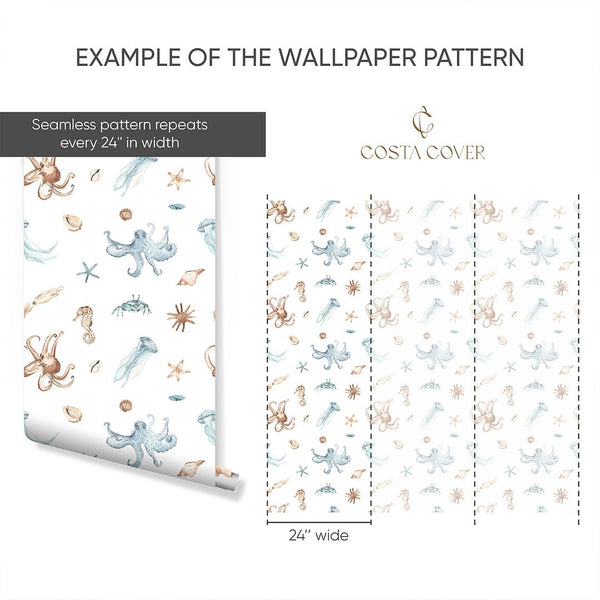 Blue Beige Undersea World Wallpaper CC353 - CostaCover - Peel and stick Removable Wallpaper - Abstract - abstract wallpaper - accent wallpaper