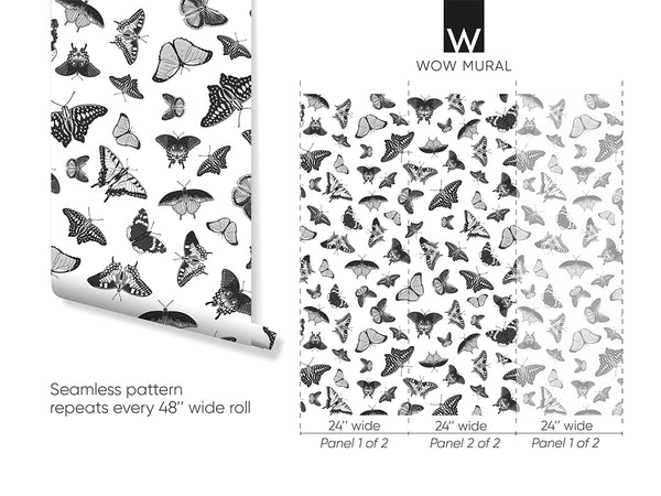 Black White Butterflies Wallpaper W158 - CostaCover - Peel and stick Removable Wallpaper - abstract wall art - abstract wallpaper - accent wallpaper