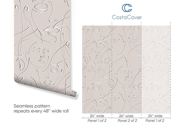 Neutral Beige Female Face Wallpaper CC292 - CostaCover - Peel and stick Removable Wallpaper - 3d wall murals - 3d wall painting - Abstract