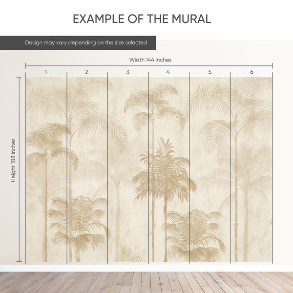 Example of a 144-inch-wide by 108-inch-high mural split into 6 panels, showing how the design is divided across  panels; the printed design varies with the size selected.