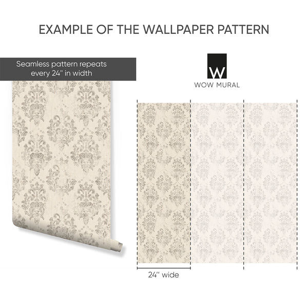 Self-adhesive wallpaper with vintage damask design, easy to reposition for a refined yet temporary decor solution.