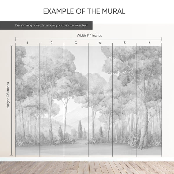 Gray misty forest wall mural with atmospheric depth, ideal for a calm communal space. This temporary, removable wallpaper offers a watercolor-like finish, perfect for those seeking minimalist wall decor.