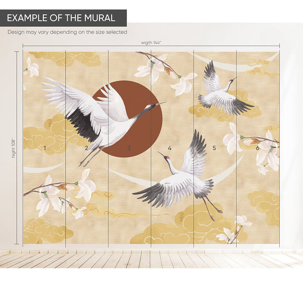 Chinoiserie Crane & Sunset Grasscloth Wall Mural CG002 - CostaCover - Traditional Wallpaper - accent wallpaper - bathroom wallpaper - bedroom wallpaper