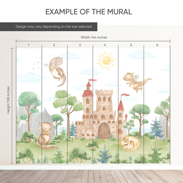Example of a 144-inch-wide by 108-inch-high mural split into 6 panels, showing how the design is divided across  panels; the printed design varies with the size selected.