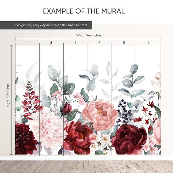 Burgundy Pink Flowers Wall Mural SM023 - CostaCover - Peel and stick Removable Wallpaper - accent wallpaper - adhesive wallpaper - bathroom wallpaper