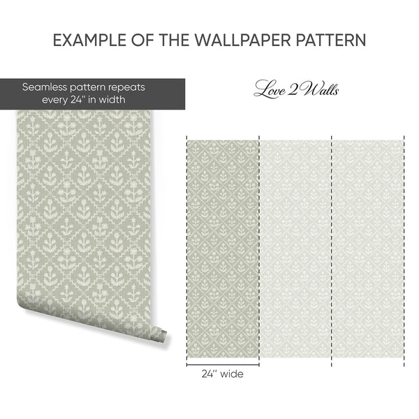 Sage Green Linen Floral Lattice Wallpaper L122