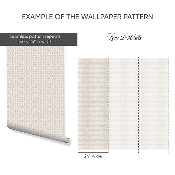 Neutral geometric lattice wallpaper in taupe and beige, featuring a slightly distressed pattern on an off-white surface. Suitable for modern minimalist living rooms and easy to apply.