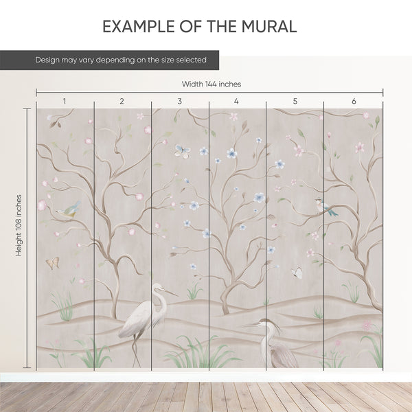 Example of a 144-inch-wide by 108-inch-high mural split into 6 panels, showing how the design is divided across  panels; the printed design varies with the size selected.