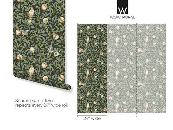 Green Bird & Pomegranate by Morris Wallpaper W087 - CostaCover - Peel and stick Removable Wallpaper - abstract wall art - abstract wallpaper - accent wallpaper
