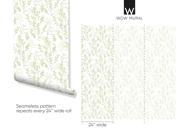 Green Wildflowers Wallpaper W046 - CostaCover - Peel and stick Removable Wallpaper - accent wallpaper - adhesive wallpaper - art deco bathroom