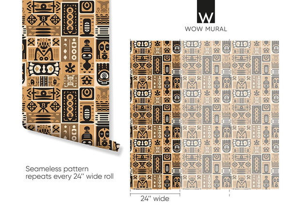 Beige Brown African Symbols Wallpaper W162 - CostaCover - Peel and stick Removable Wallpaper - abstract wallpaper - accent wallpaper - adhesive wallpaper