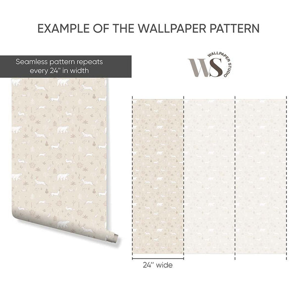 Beige White Forest Animals Wallpaper S037 - CostaCover - Peel and stick Removable Wallpaper - abstract lines - accent wallpaper - adhesive wallpaper