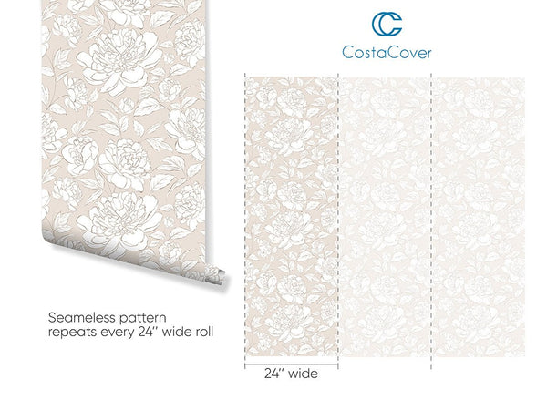 Beige Peony Flowers Wallpaper CC298 - CostaCover - Peel and stick Removable Wallpaper - abstract floral - abstract wallpaper - accent wallpaper