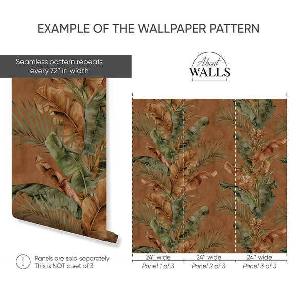 Terracotta Tropical Leaves Wallpaper A129 - CostaCover - Peel and stick Removable Wallpaper - accent wallpaper - adhesive wallpaper - bathroom wallpaper