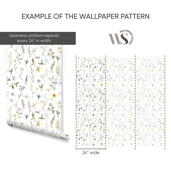 Colored Delicate Wildflowers Wallpaper S072 - CostaCover - Peel and stick Removable Wallpaper - accent wallpaper - adhesive wallpaper - baby bedroom