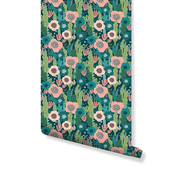 Greenery Pink Flowers Wallpaper CC202 - CostaCover - Peel and stick Removable Wallpaper - adhesive wallpaper - Backsplash panels - bathroom wallpaper