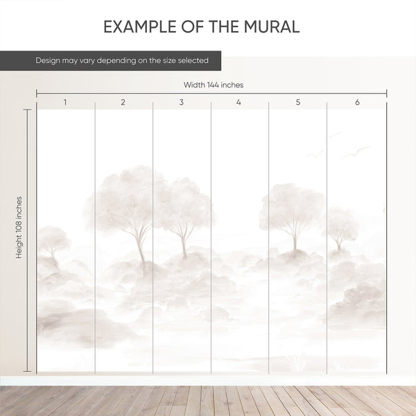 Example of a 144-inch-wide by 108-inch-high mural split into 6 panels, showing how the design is divided across  panels; the printed design varies with the size selected.